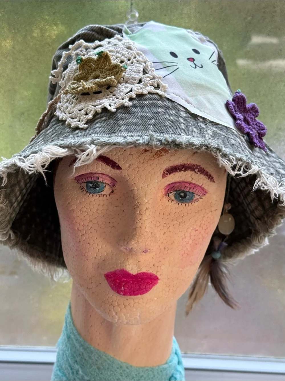 Upcycled Distressed Washed Green Denim Patchwork Bucket Hat OS